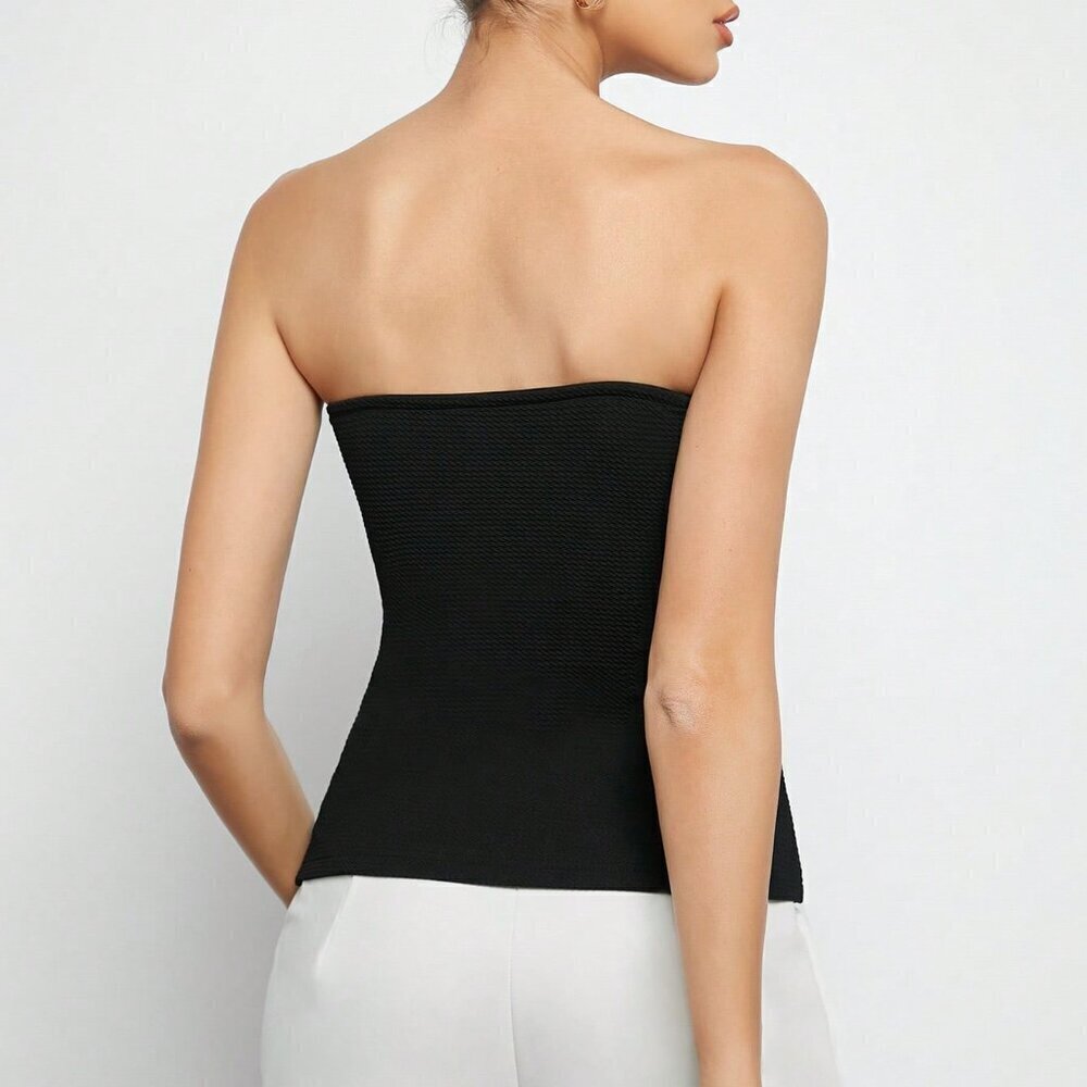 Black Casual Women's Button Front Split Hem Bandeau Top - Picture 2 of 7